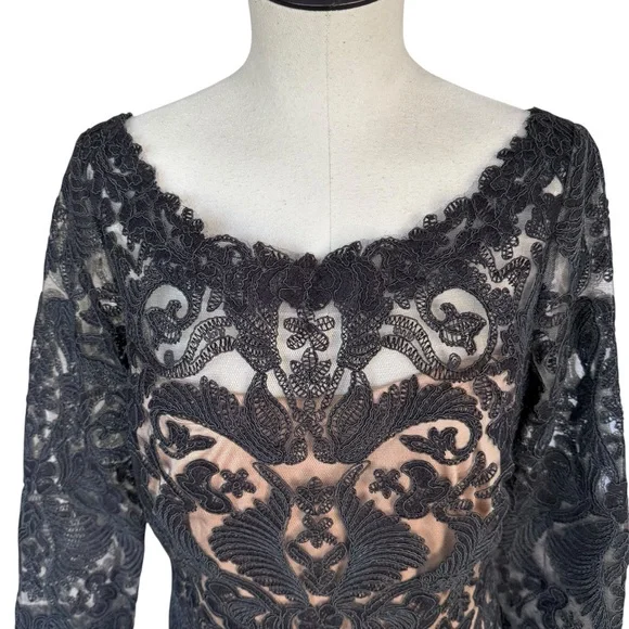 Tadashi Shoji Black Corded Embroidery Tulle 3/4 Sleeve Lace Dress Evening 12 - Picture 6 of 16